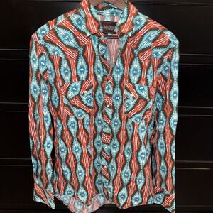 Rock & Roll Cowboy Shirt Turquoise Aztec Southwest Print Pearl Snaps Size M